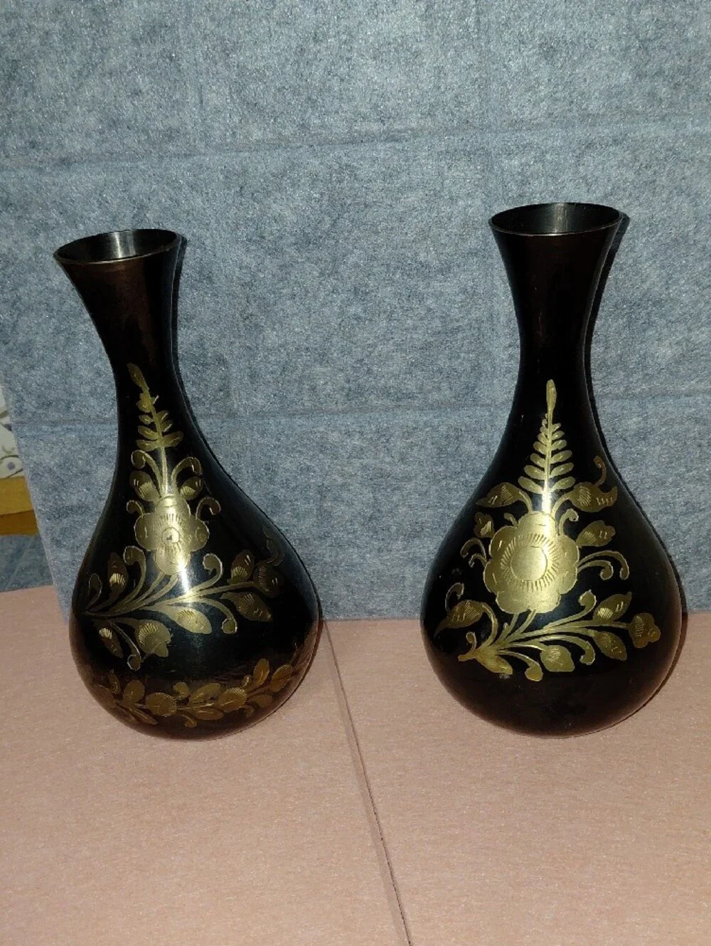 Black and Gold Floral Brass Vases - Set of 2